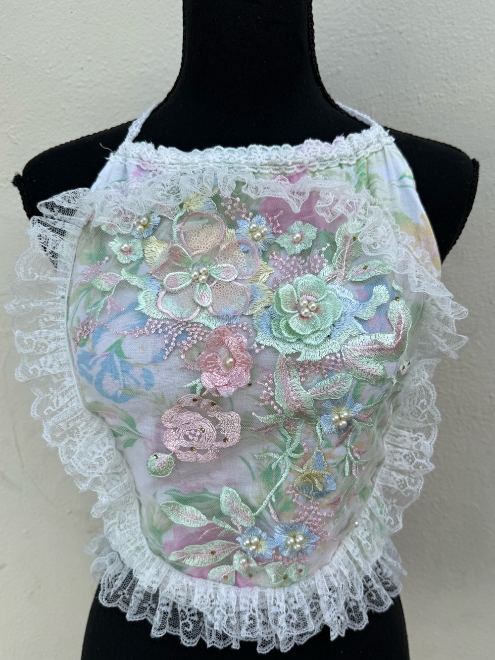 Floral Embroidered Lace Halter Crop Top in Pastel